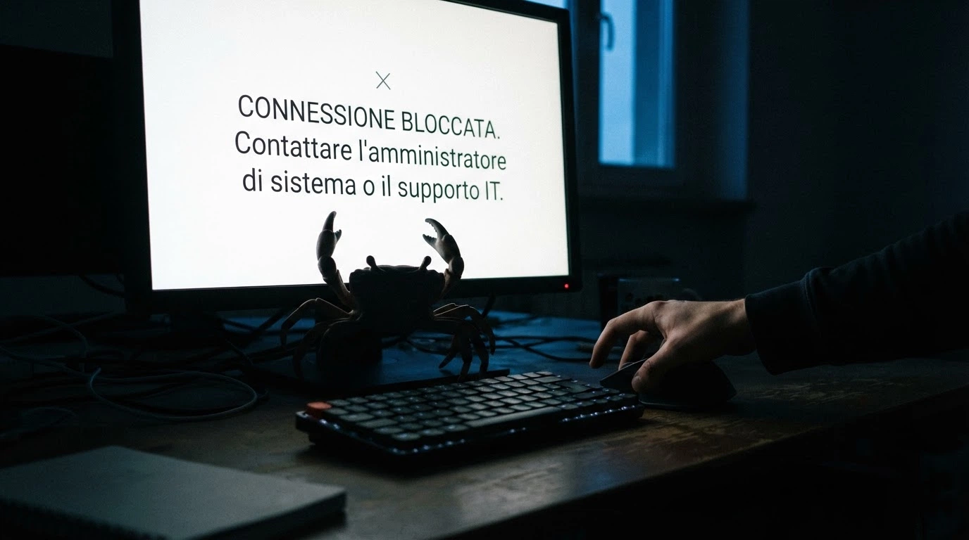 Una sagoma di granchio in controluce davanti a uno schermo spento con la scritta «Connessione bloccata» in italiano, una mano appoggiata sul mouse incerta se cliccare
