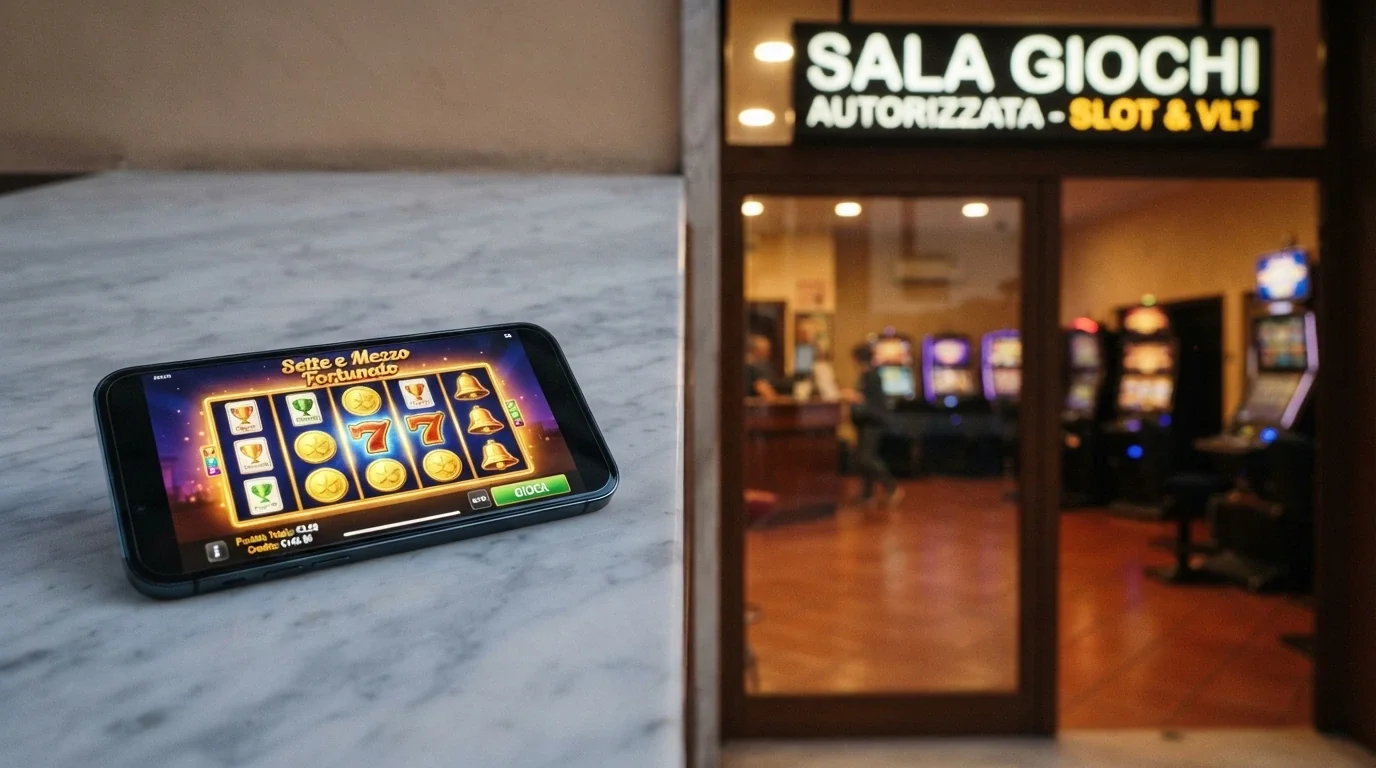 Due ambienti di gioco a confronto: a sinistra uno smartphone con un casinò online aperto, a destra l'ingresso di una sala slot fisica in Italia