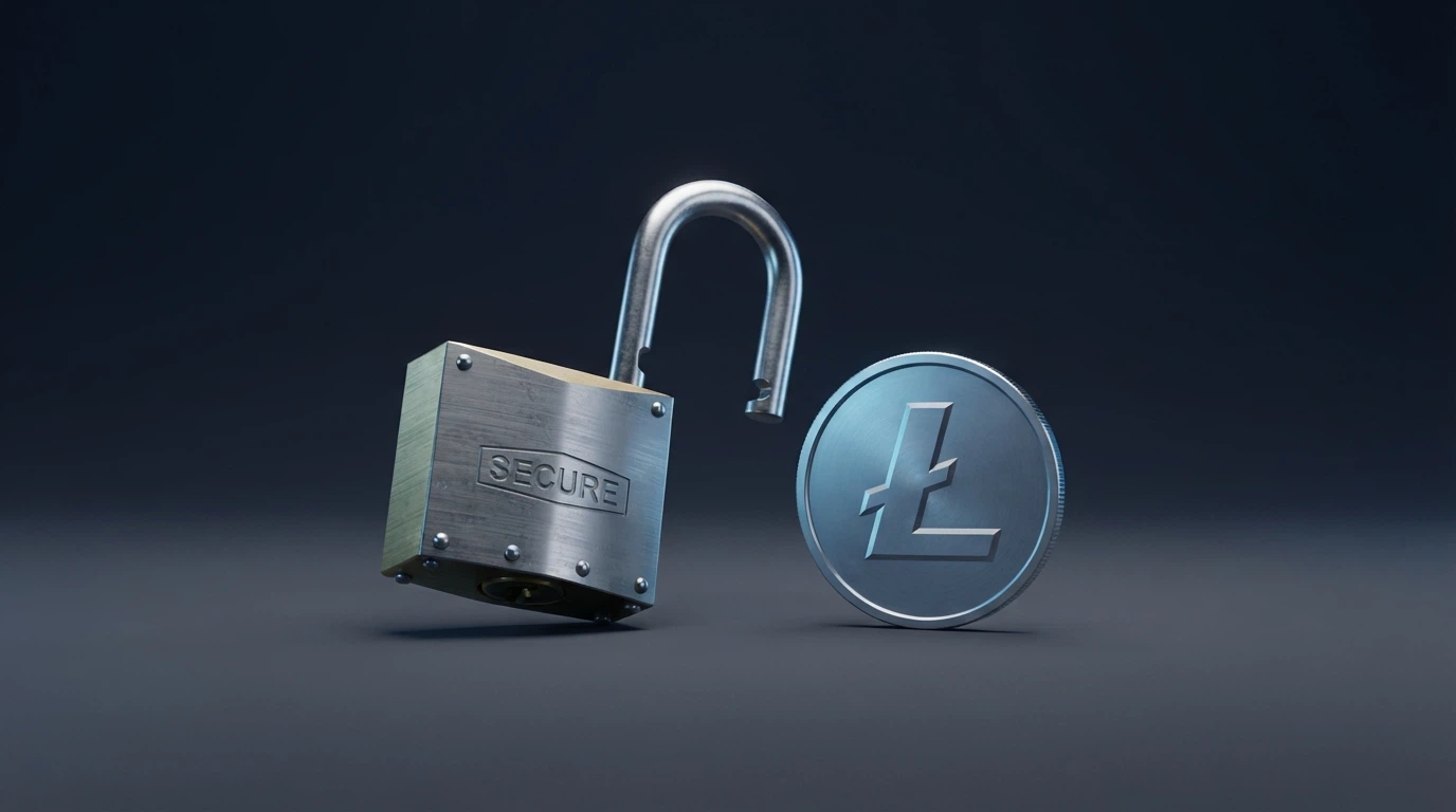 Lucchetto digitale accanto al simbolo Litecoin su sfondo scuro con la scritta «No KYC»