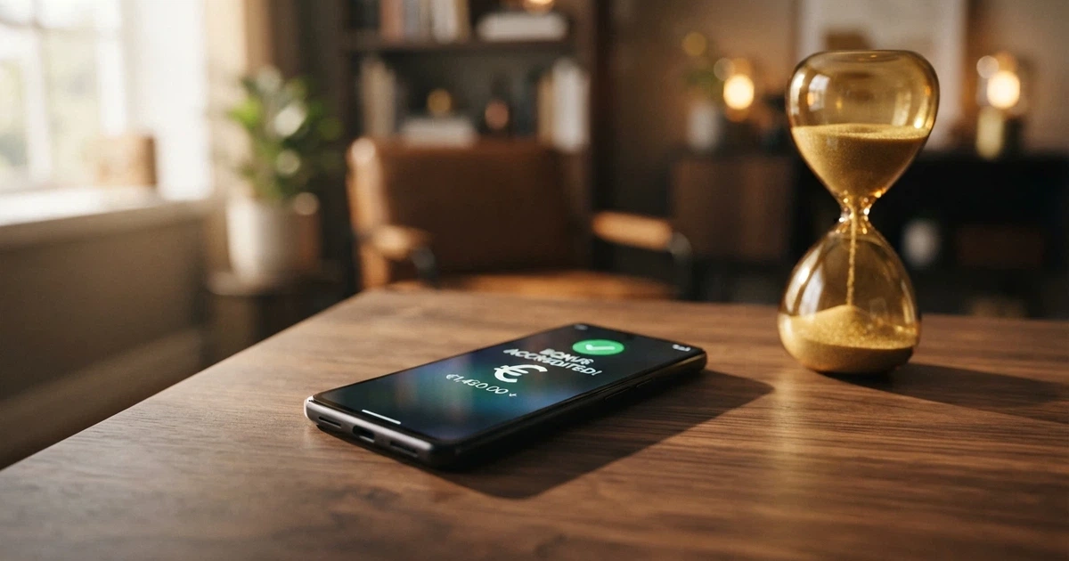Uno smartphone che mostra la schermata di accredito di un bonus senza deposito, con una clessidra o un timer visibile sullo sfondo