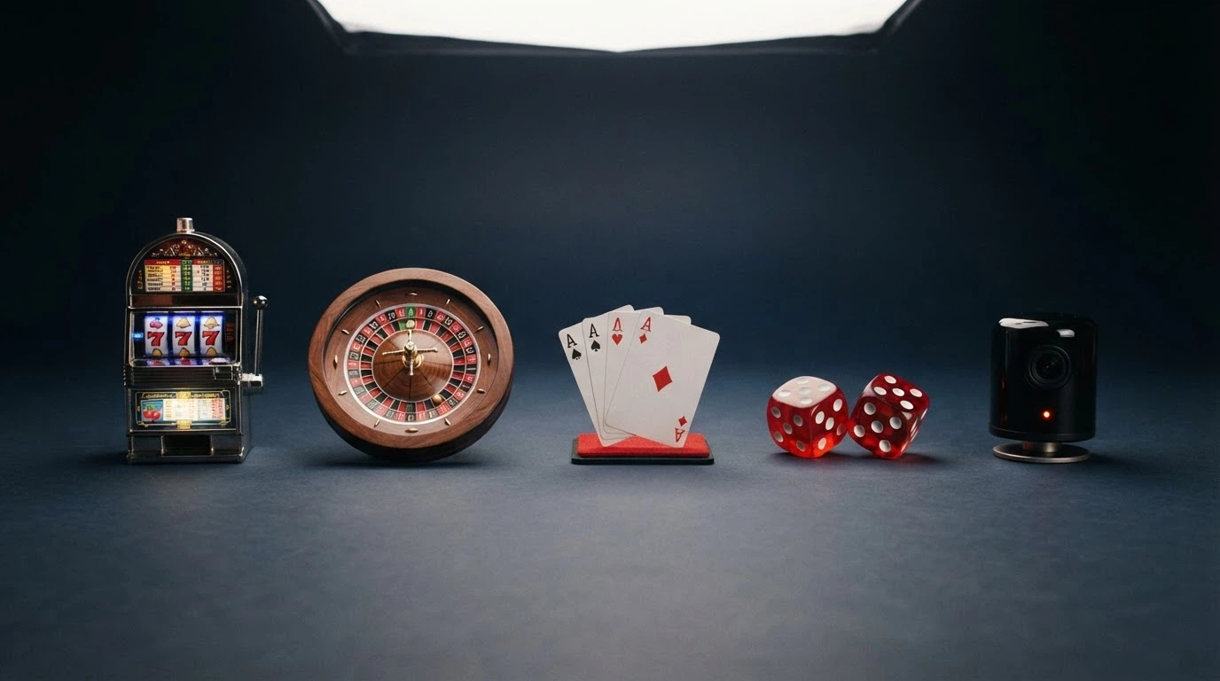 Una griglia di icone di giochi da casino: slot machine, roulette, carte da poker, una mano di blackjack e l'icona di un game show live