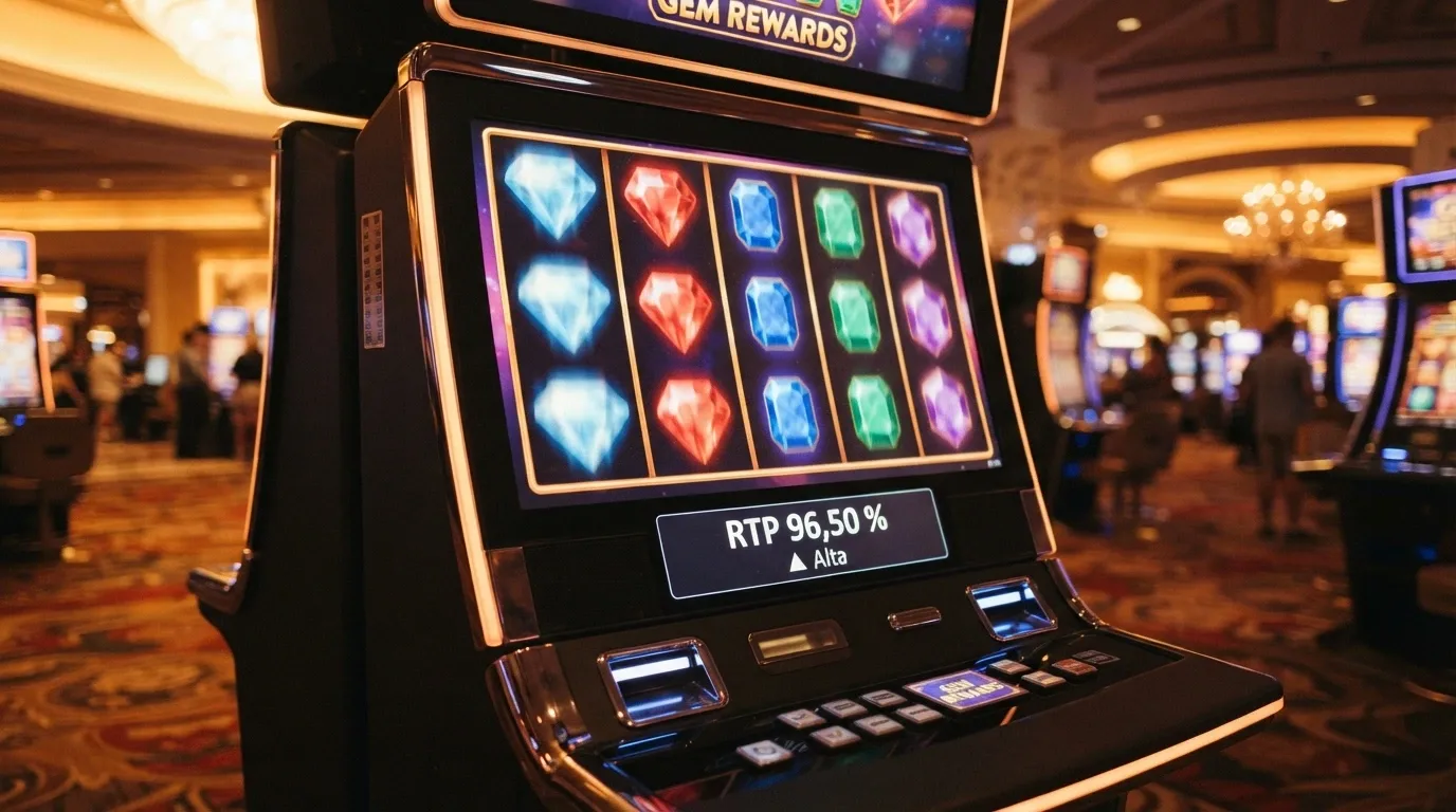 Una slot machine colorata in primo piano con la schermata delle informazioni tecniche (RTP 96,50 %, volatilità alta) in sovrimpressione