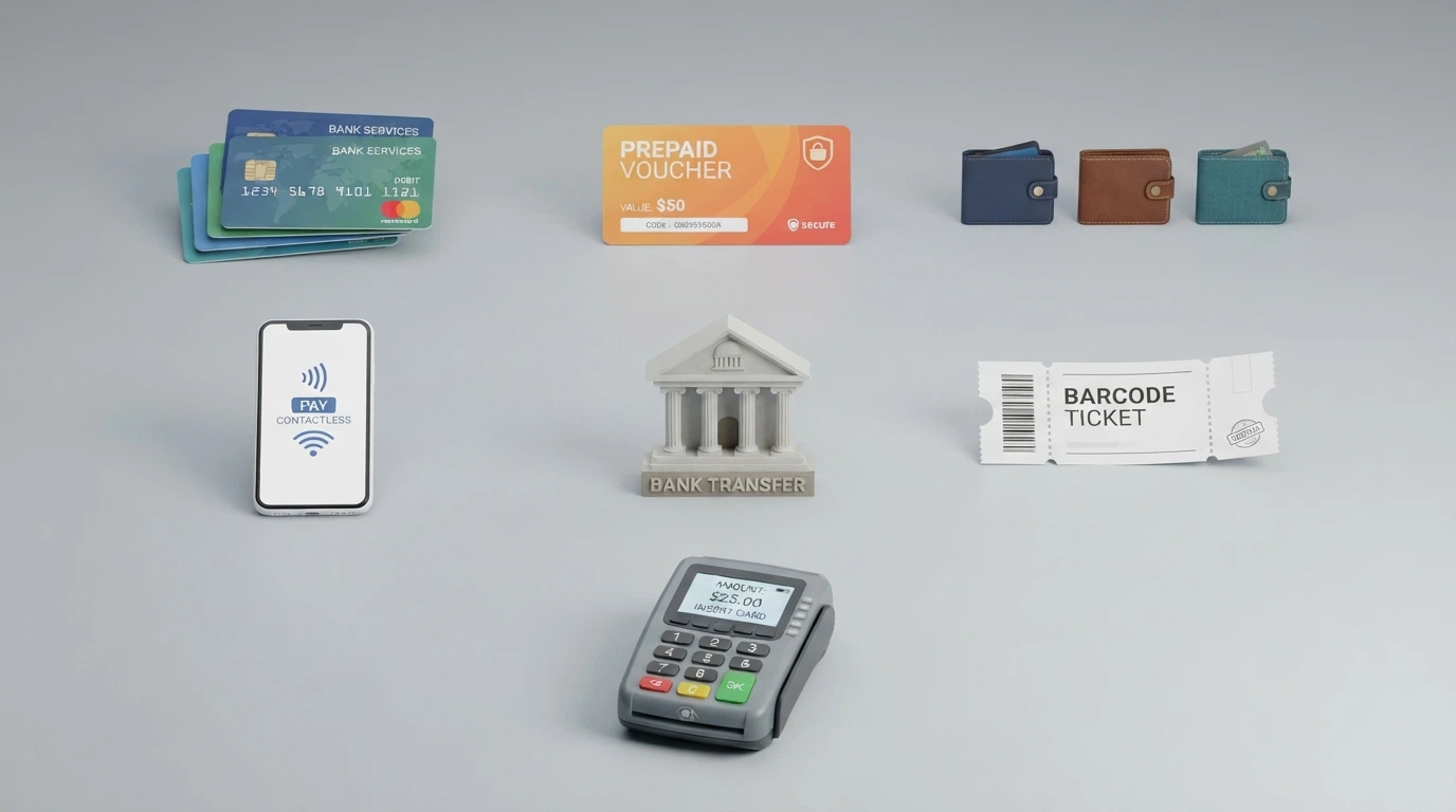 Le sette categorie di metodi di pagamento disposte come icone organizzate per gruppo: carte, prepagate, e-wallet, mobile, bonifici, voucher e punto vendita
