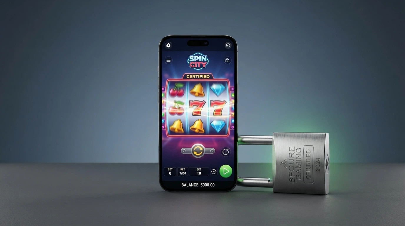 il sigillo ufficiale ADM sovrapposto allo schermo di un dispositivo che mostra una slot in funzione, con un lucchetto verde di connessione sicura