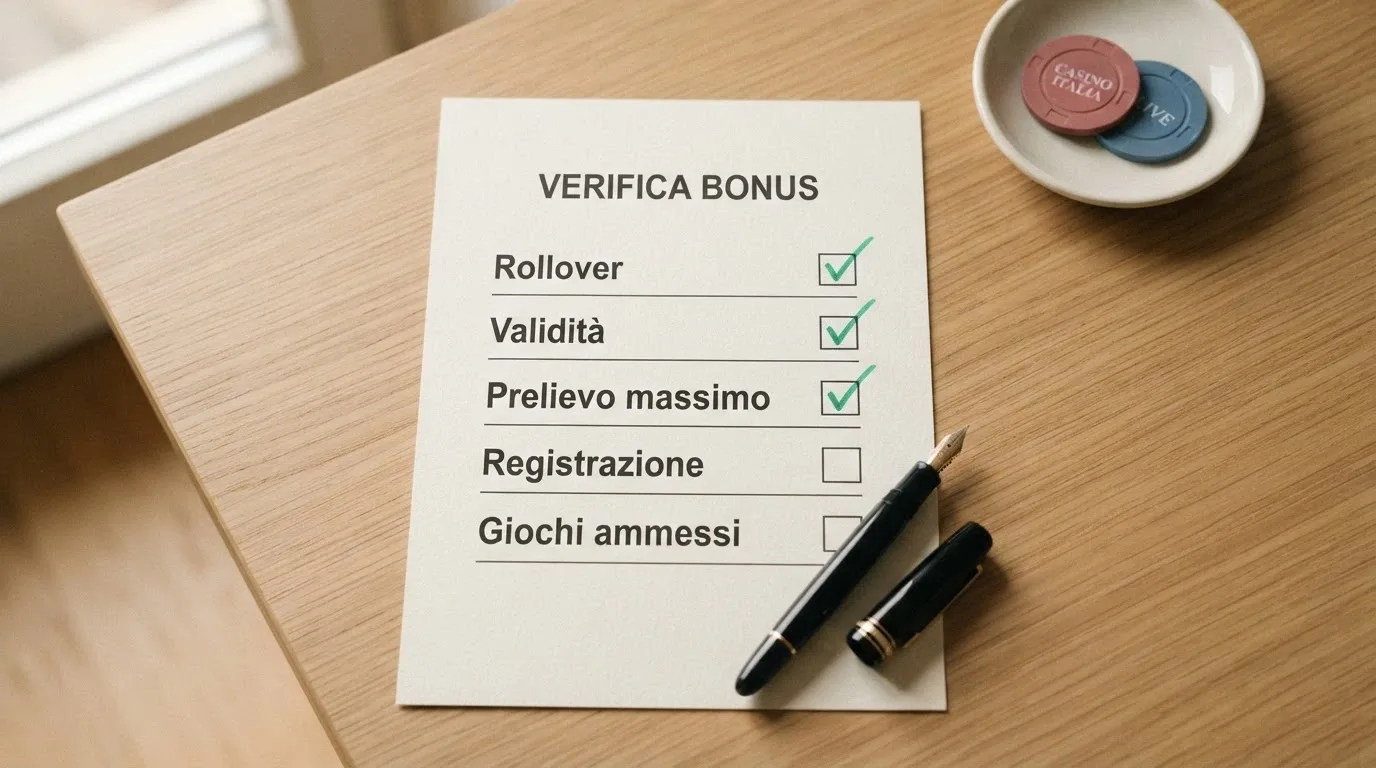 Una lista di controllo stilizzata con cinque voci — rollover, validità, prelievo massimo, registrazione, giochi ammessi — e un segno di spunta accanto a ciascuna