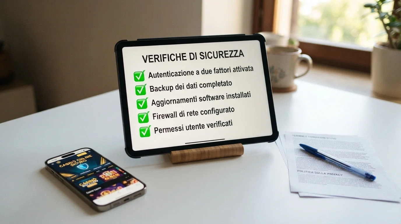Una lista di controllo su blocco note digitale con cinque voci spuntate: concessione ADM, termini bonus, metodi pagamento, tempi prelievo, assistenza