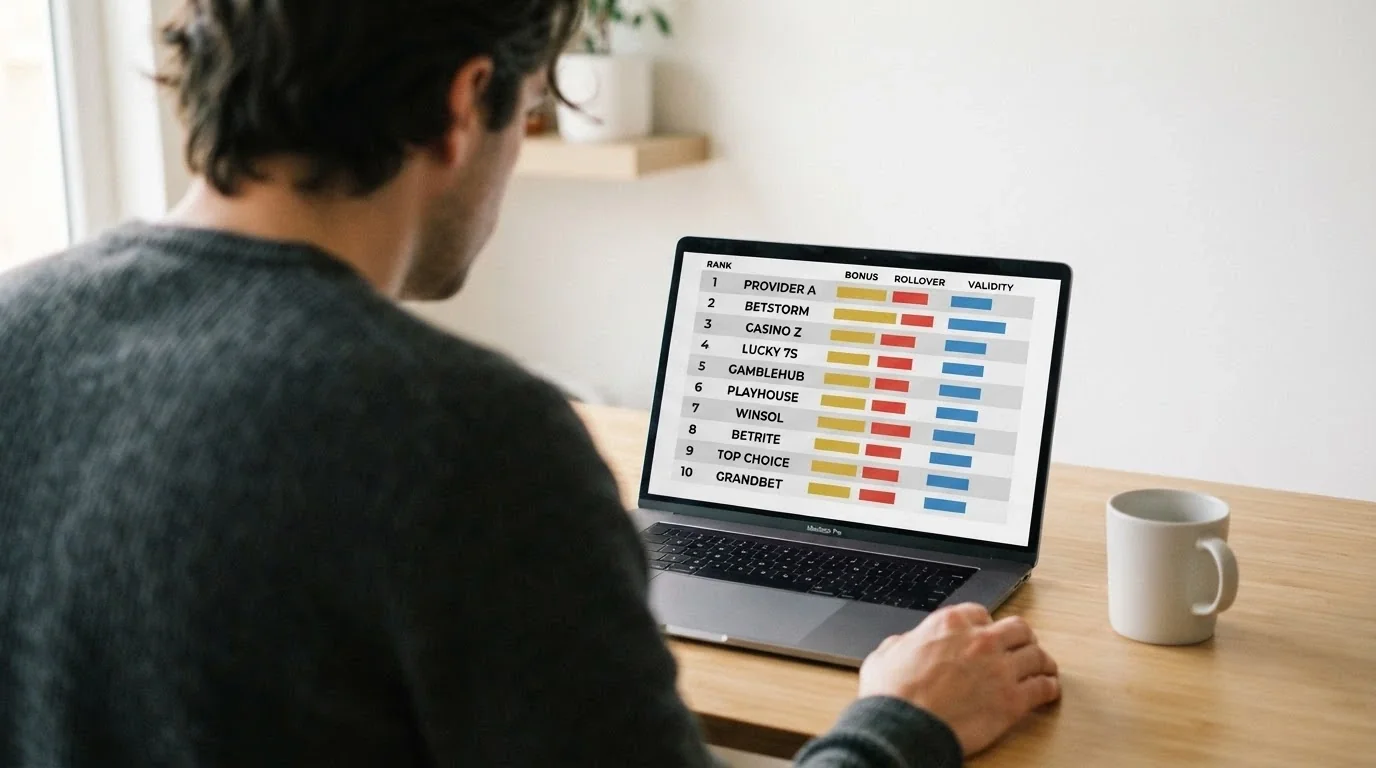 Una tabella comparativa stilizzata con le prime posizioni della classifica, evidenziando bonus, rollover e validità di ciascun operatore