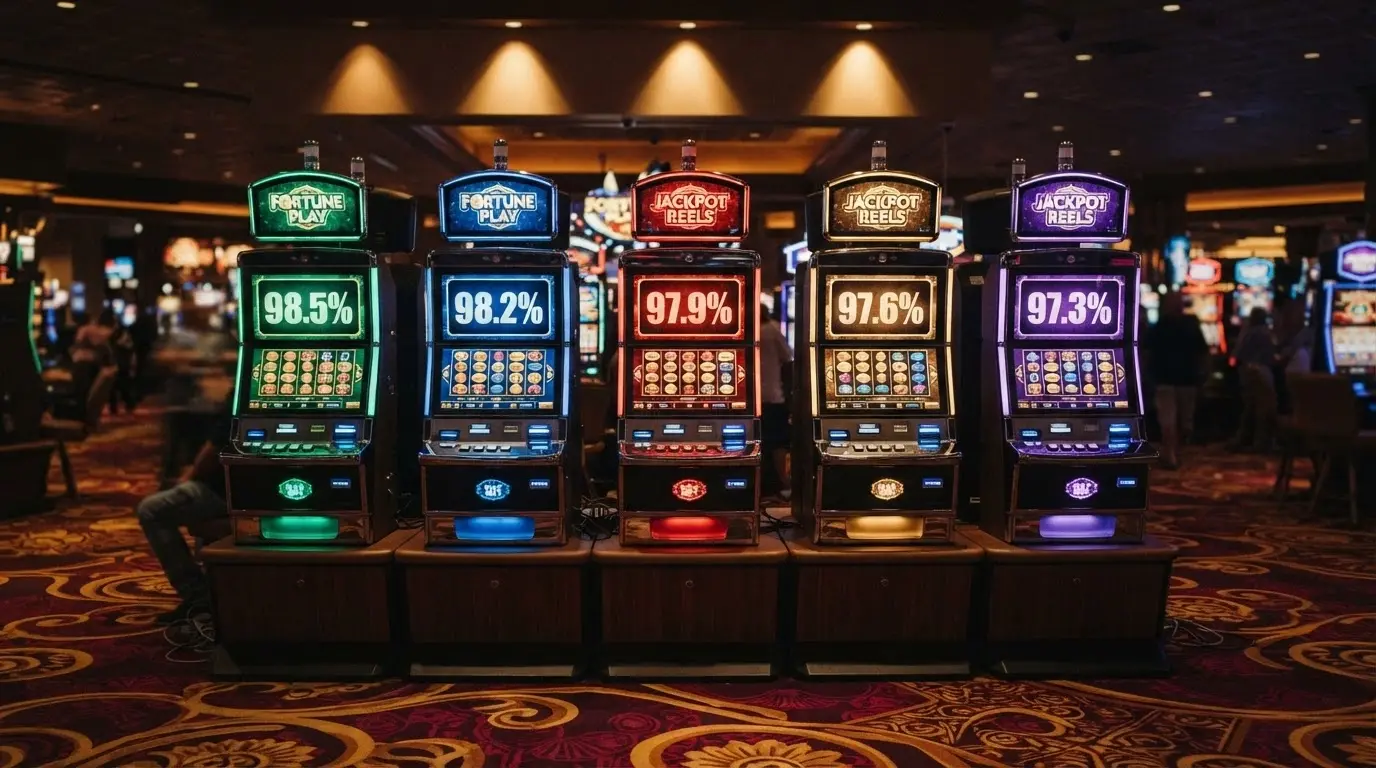 una fila di slot machine colorate con i rispettivi valori RTP in evidenza sui display, ordinate da sinistra (RTP più alto) a destra