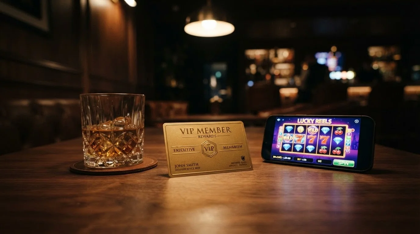 Una carta VIP dorata su un tavolo di legno scuro accanto a un calice e un telefono con il logo di un casinò