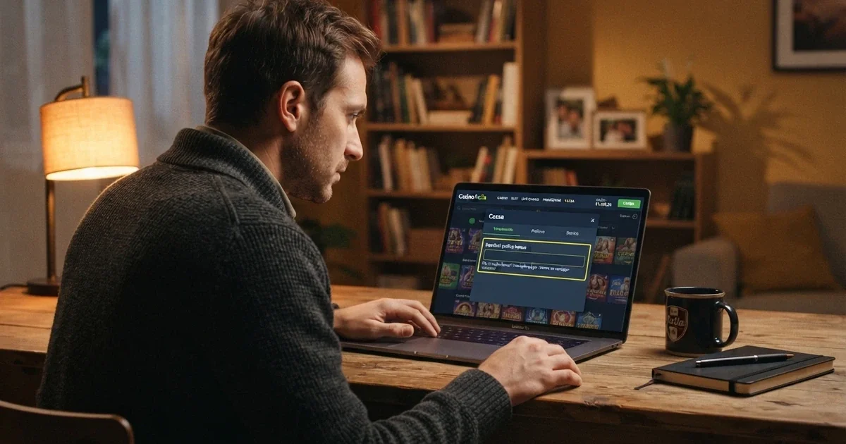 Un giocatore adulto seduto al computer con lo sguardo concentrato sullo schermo del casinò online, dove è visibile il campo «Inserisci codice bonus» nella sezione cassa, con alle spalle una luce calda da interni domestici.