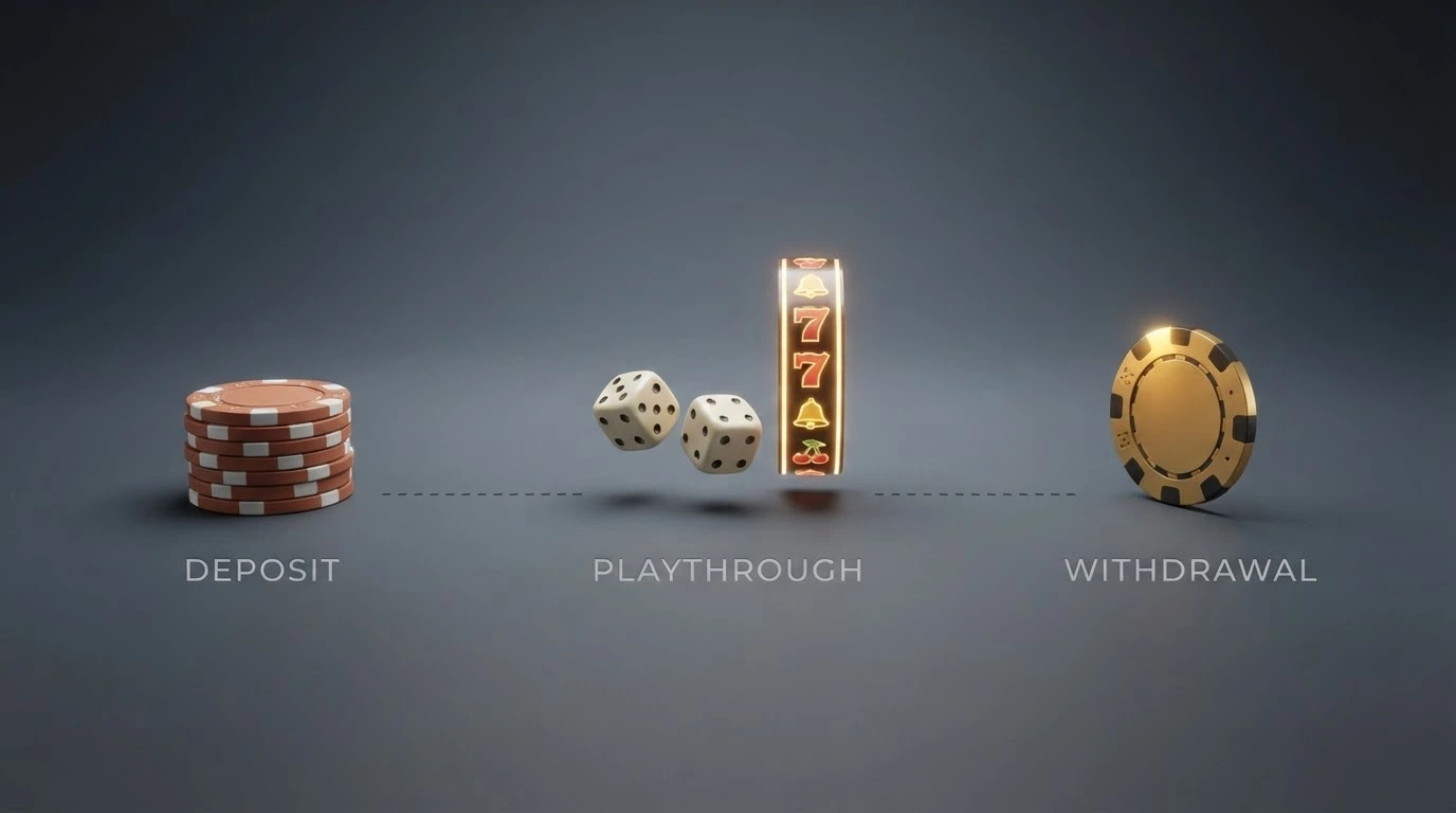 Schema visivo del percorso di un bonus: dal deposito al playthrough fino al prelievo, con i passaggi chiave evidenziati