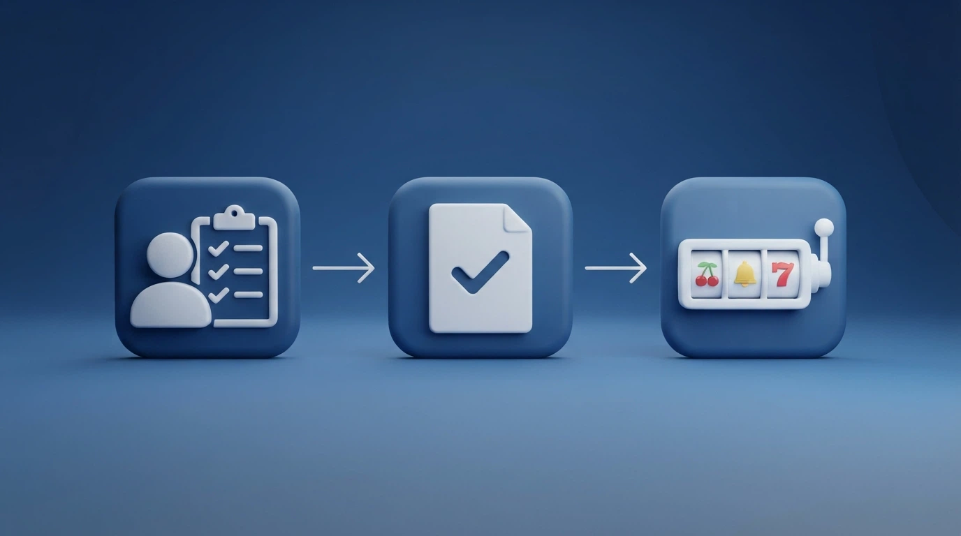 Tre icone in sequenza — registrazione, verifica documento, slot machine — collegate da frecce su sfondo blu