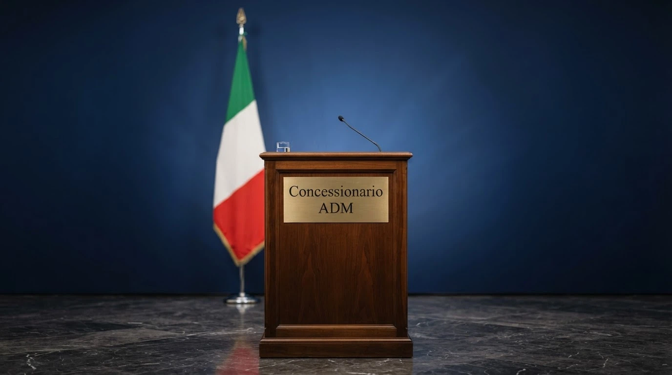 Il logo ufficiale dell'Agenzia delle Dogane e dei Monopoli accanto alla scritta «Concessionario ADM» su uno sfondo istituzionale blu