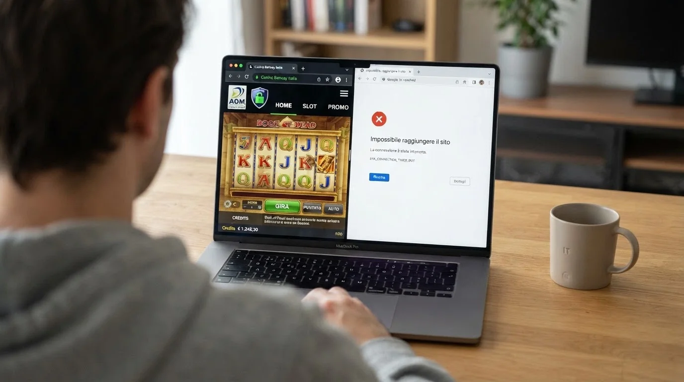 Schermo diviso: a sinistra l'interfaccia di un casinò con logo ADM e lucchetto, a destra un sito bloccato con messaggio di DNS blocking