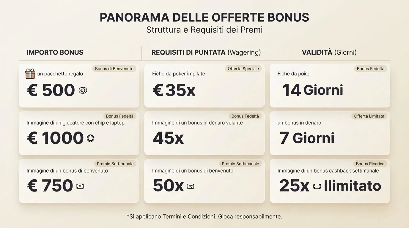 Tabella comparativa con i 10 bonus di benvenuto dei casinò online con licenza ADM