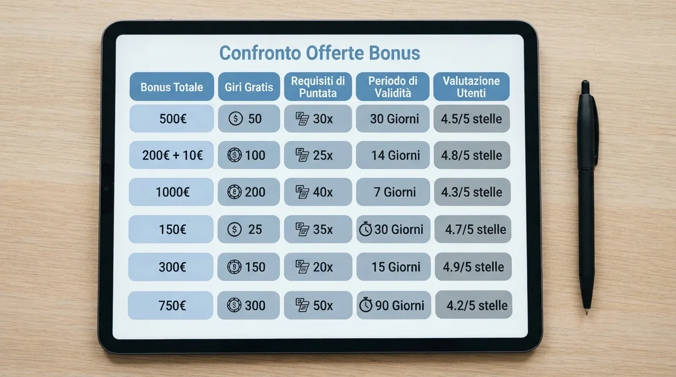 Una tabella comparativa con loghi di operatori di casinò online e accanto i valori di bonus, free spin e rollover