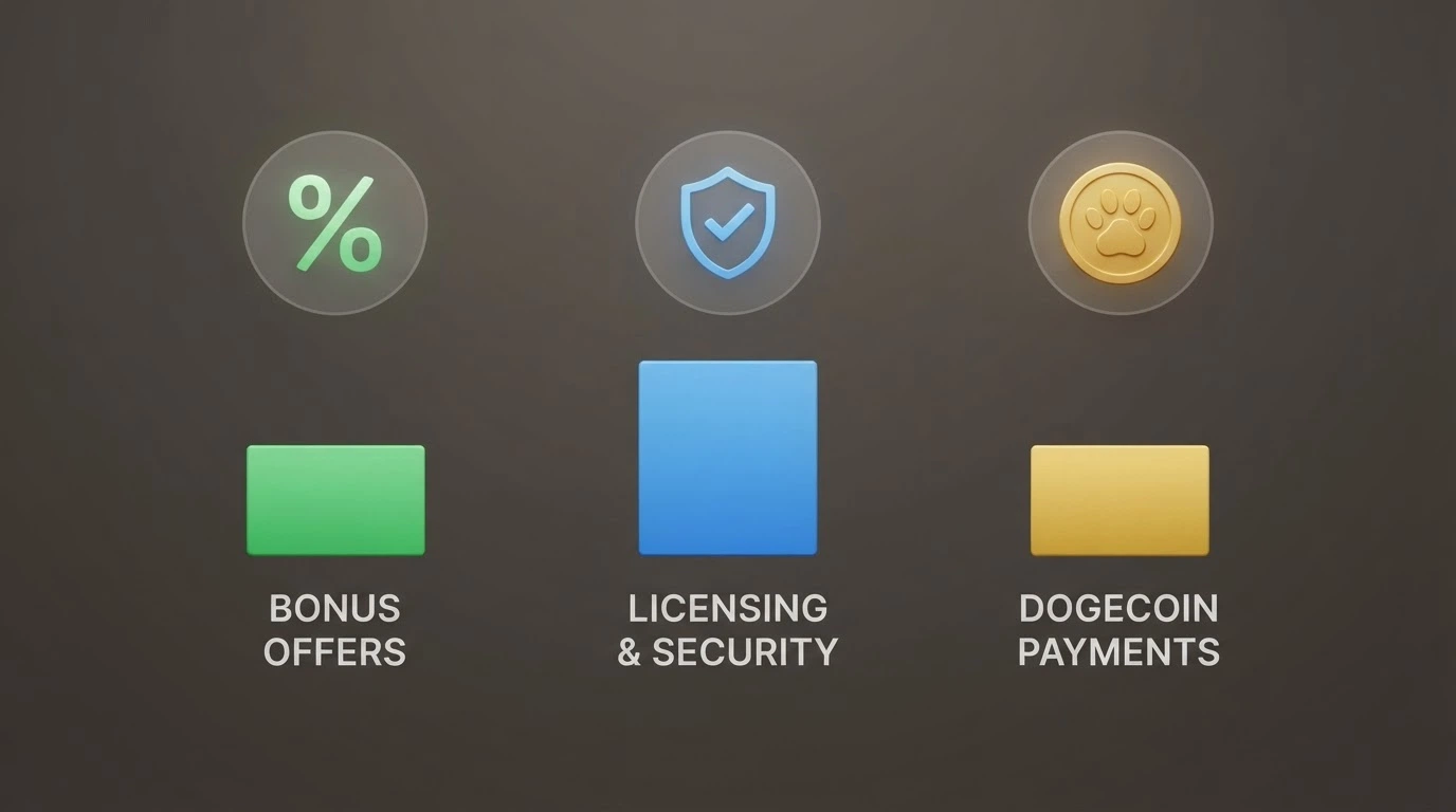Una tabella comparativa stilizzata con icone di bonus, scudi per le licenze e il simbolo DOGE