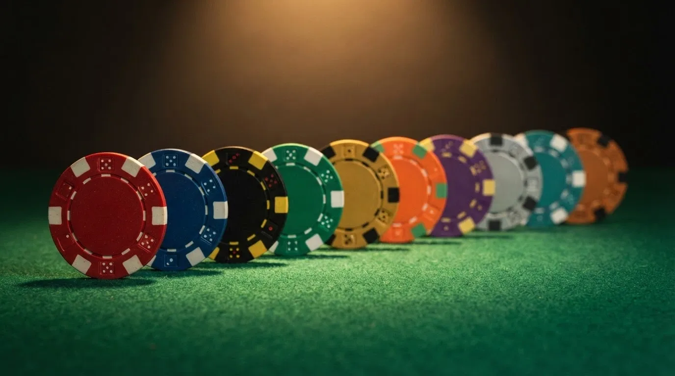 Dieci chip da casinò allineati, ciascuno con il logo stilizzato di un operatore diverso, su un tavolo da gioco illuminato