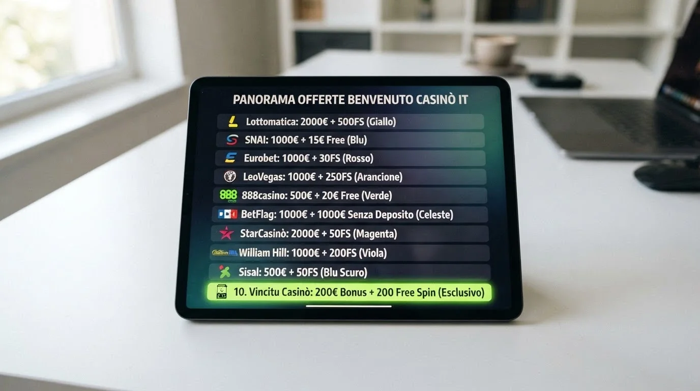 Una tabella comparativa stilizzata su uno schermo tablet, con le colonne Operatore, Bonus, Wagering e una spunta verde sulla riga Bonus Crab per un solo operatore
