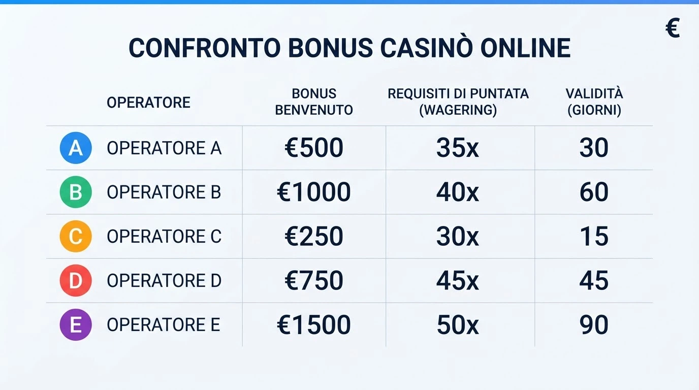 Una tabella comparativa stilizzata con loghi di casinò ADM affiancati da importi di bonus, moltiplicatori di rollover e giorni di validità