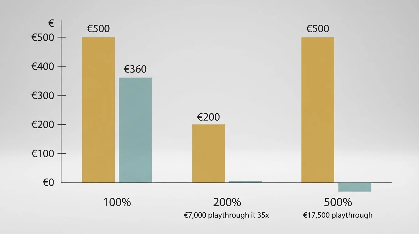Grafico comparativo del valore nominale e del valore atteso di un bonus 100%, 200% e 500% a parità di deposito