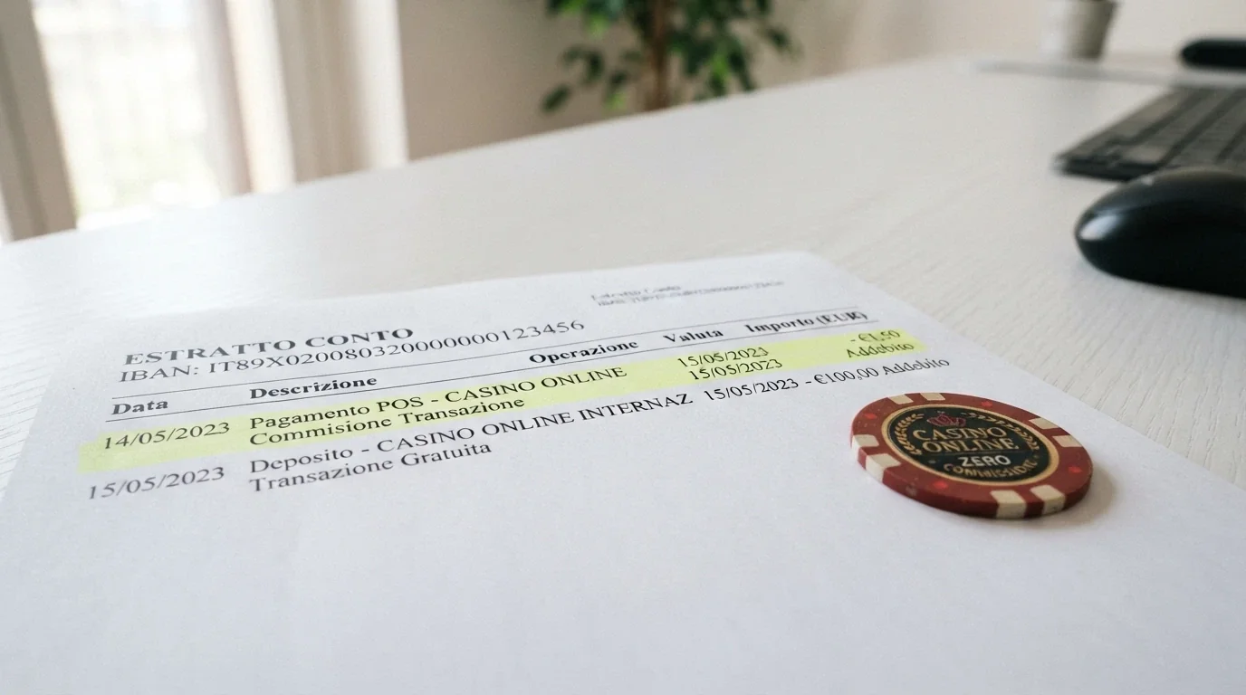 Un estratto conto bancario con una riga evidenziata che mostra una commissione su un bonifico istantaneo, affiancato dal logo di un casinò online con la dicitura «nessuna commissione»