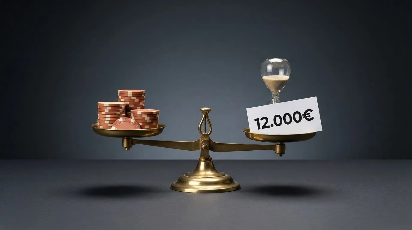 Una bilancia grafica che pesa da un lato una pila di fiches con la scritta «Bonus 300€» e dall'altro un cronometro e la cifra «12.000€ di giocate richieste»