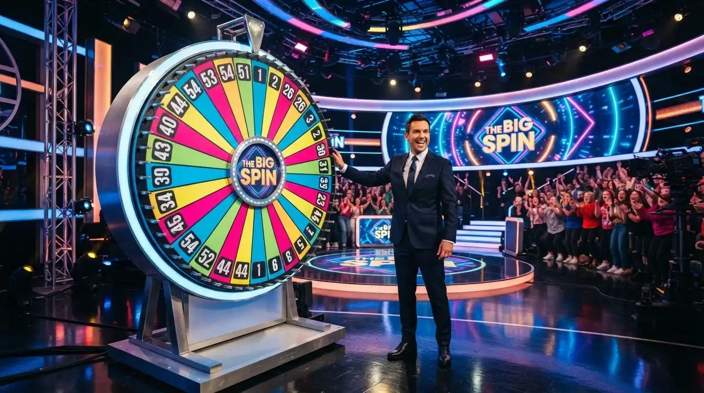 Ruota del Crazy Time con segmenti colorati e numeri, studio televisivo con luci e presentatore accanto alla ruota