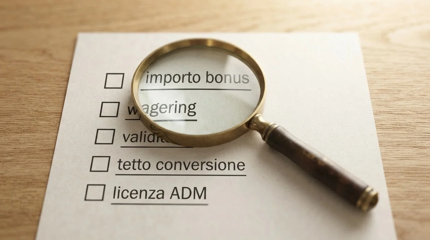 Una lente di ingrandimento su una lista di criteri: importo bonus, wagering, validità, tetto conversione, licenza ADM