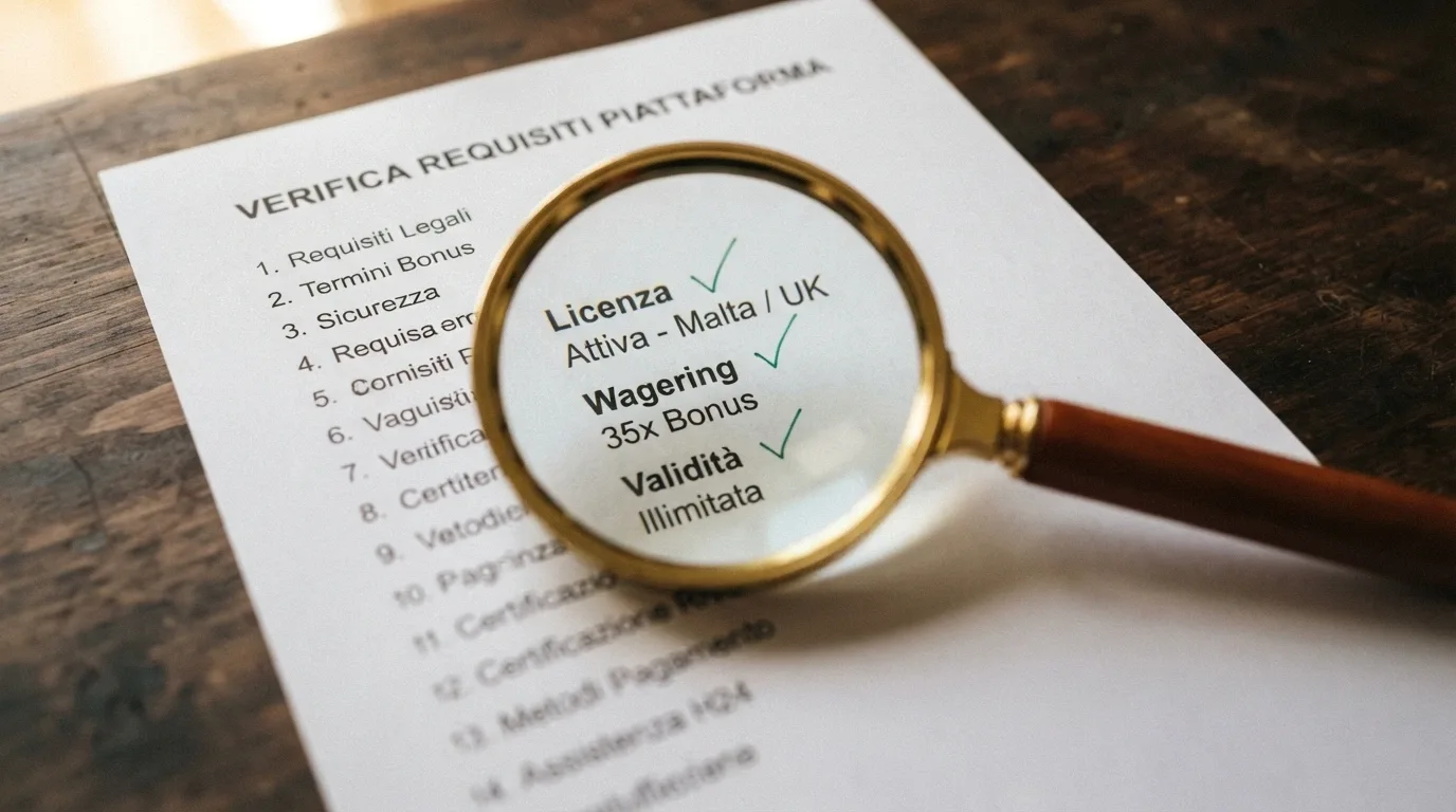 Una lente di ingrandimento su una lista di controllo con voci come «Licenza», «Wagering», «Validità» spuntate