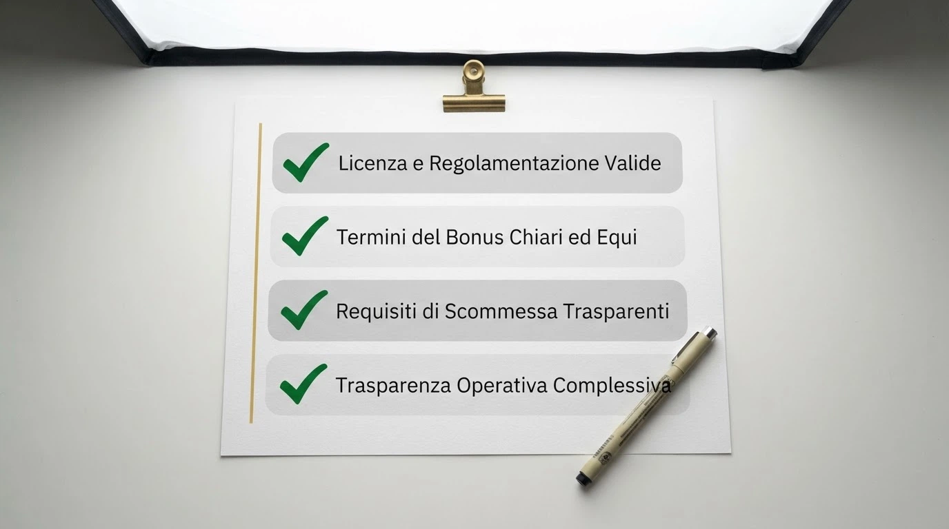 Checklist con i criteri di valutazione: spunta su concessione ADM, condizioni bonus, wagering, trasparenza