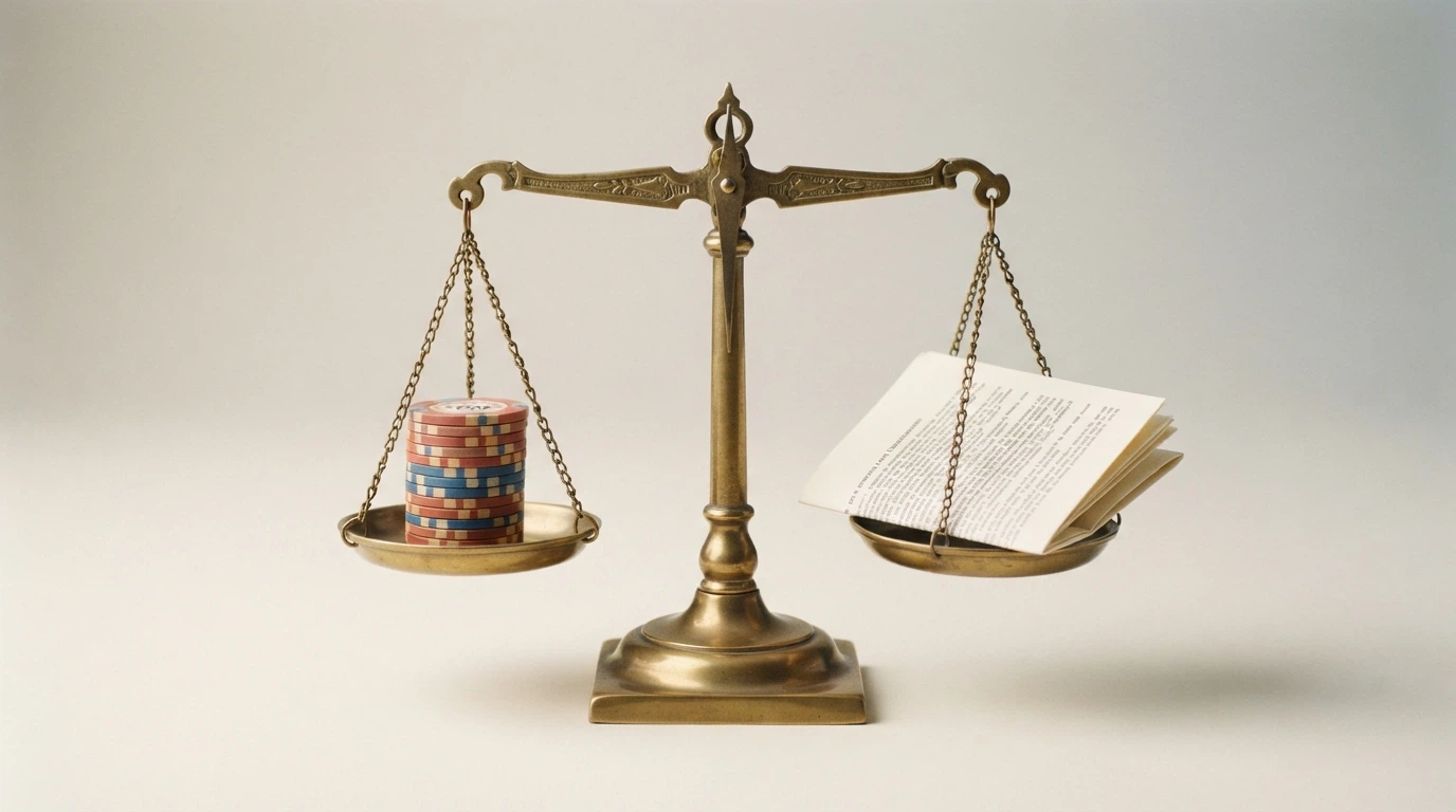 Una bilancia metaforica in equilibrio: su un piatto una pila di gettoni da casinò, sull'altro un documento con i termini e condizioni evidenziati