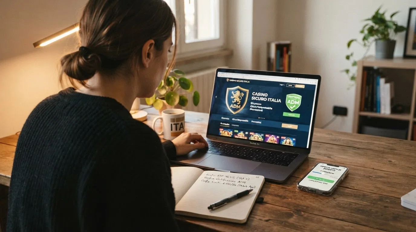 Un giocatore al computer con il sito ADM aperto e un blocco note con tre punti scritti a mano: verifica concessione, leggi termini, imposta limiti