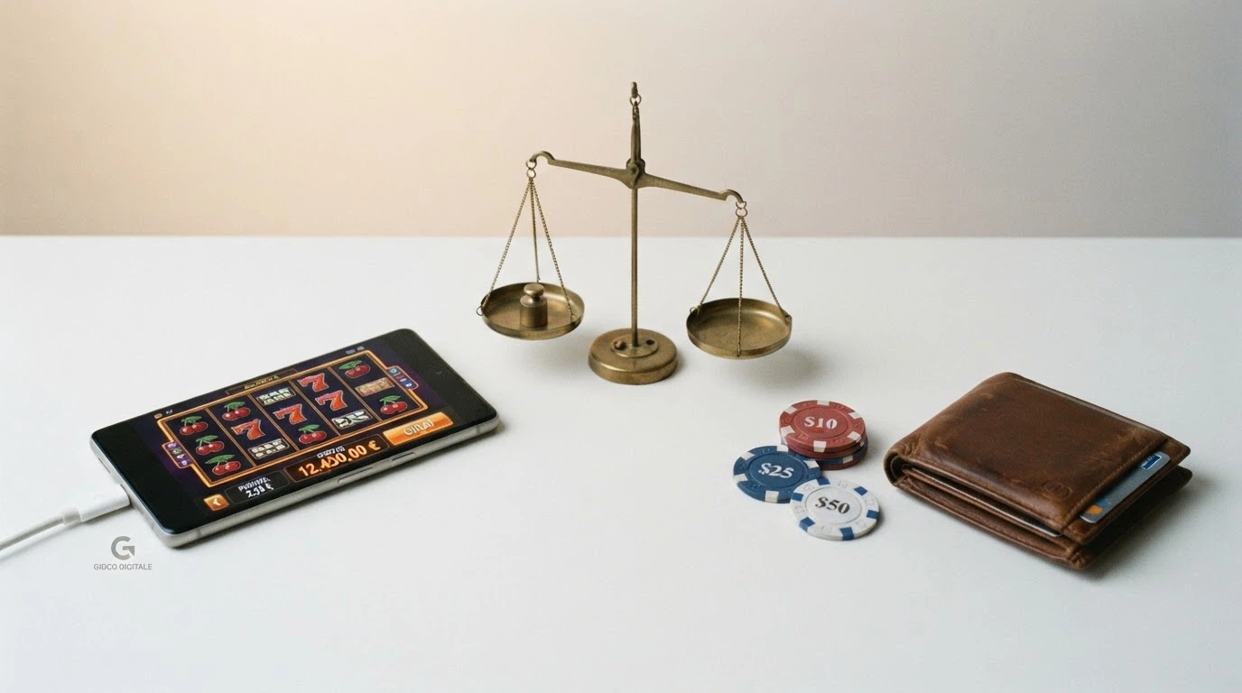 Una bilancia visiva che contrappone crediti virtuali (demo) e una piccola somma di denaro reale, con gli strumenti di protezione (limiti, RUA) visibili sul piatto del gioco reale
