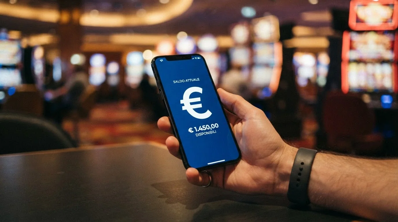 Una mano che inserisce una carta Postepay nel lettore di uno smartphone con l'interfaccia di un casinò sullo schermo