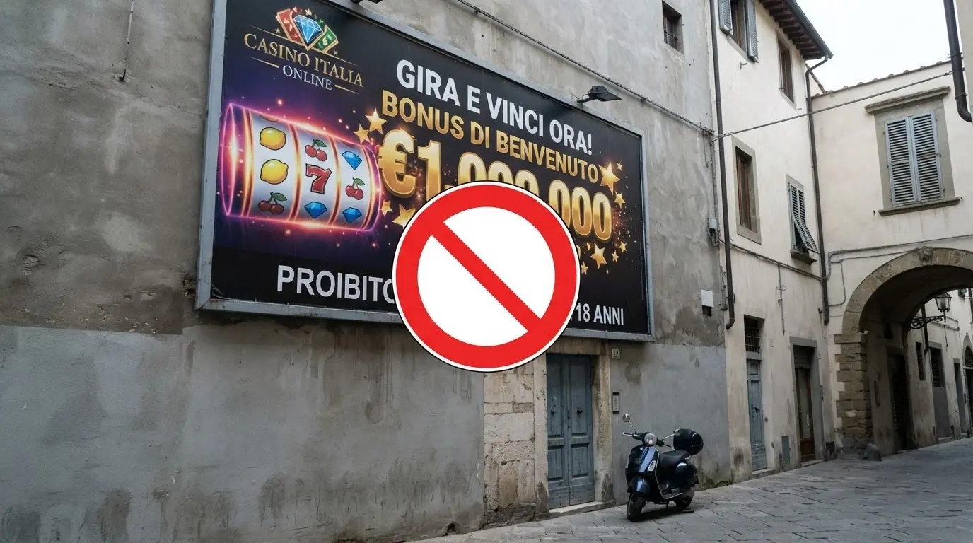 Manifesto pubblicitario di un casinò online con un segnale di divieto sovrapposto
