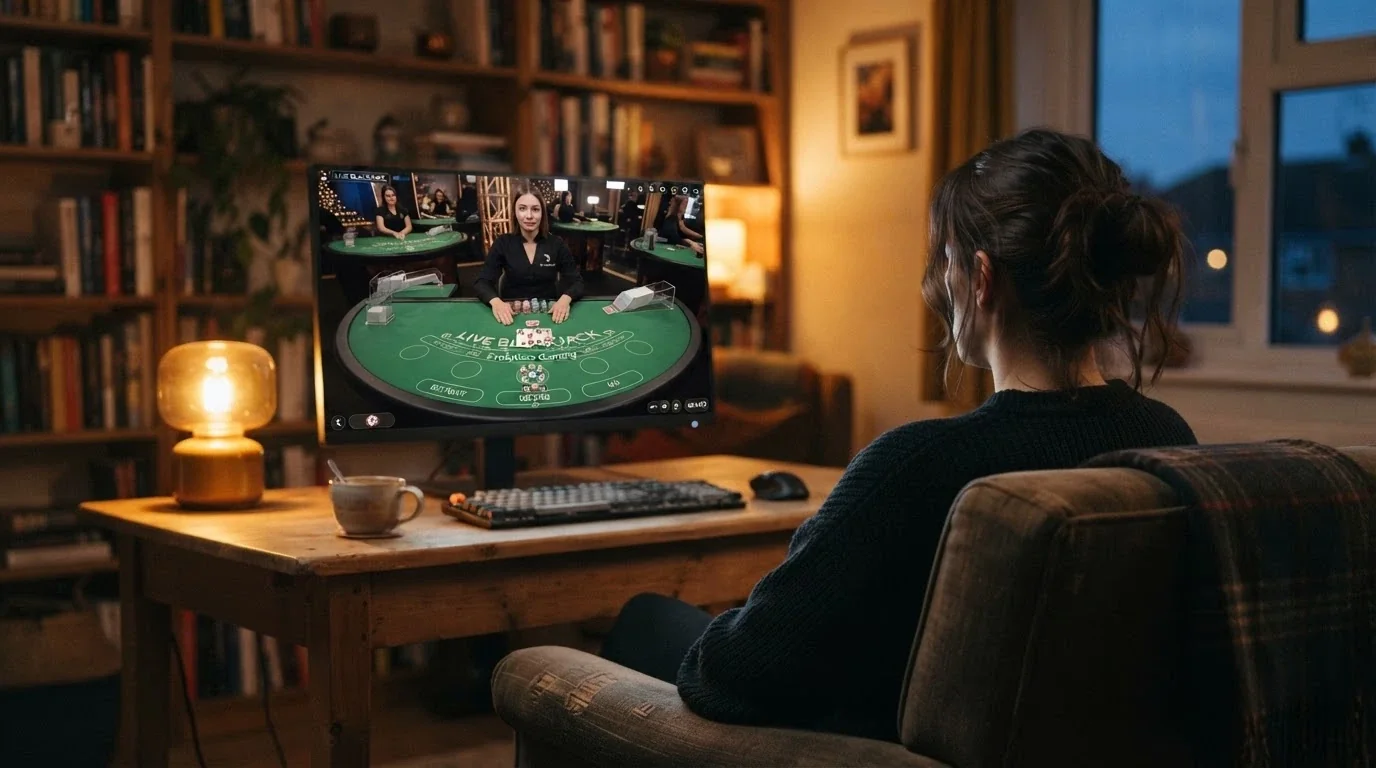 Giocatore davanti allo schermo del computer in ambiente domestico confortevole, tavolo da gioco live sullo schermo con croupier visibile