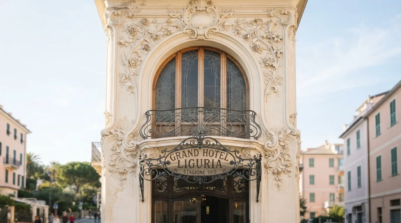 Dettaglio della facciata liberty del Casinò di Sanremo con decorazioni floreali e l'insegna d'epoca