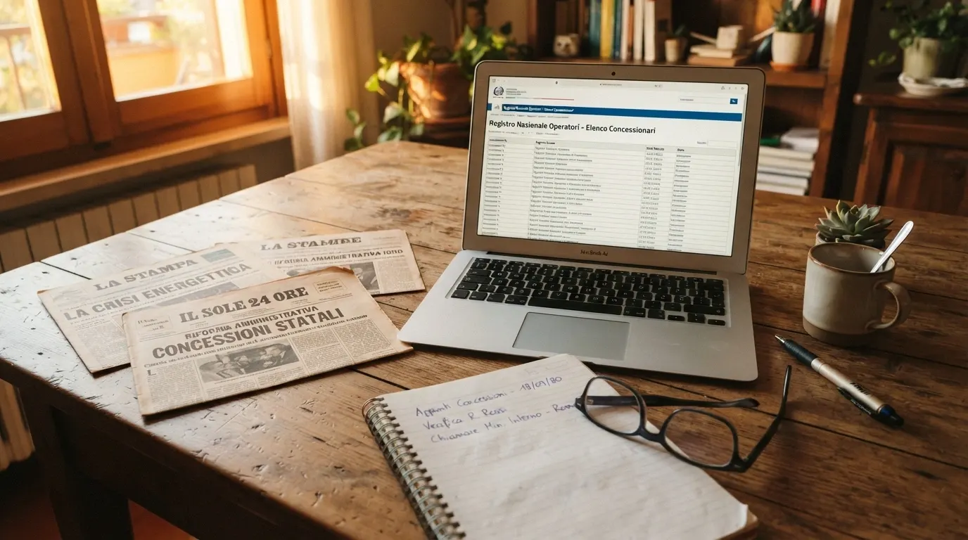 Una scrivania con un laptop aperto sulla pagina «Elenco Operatori» di adm.gov.it, affiancato da ritagli di testate giornalistiche (Tuttosport, Corriere dello Sport) e un block notes con appunti