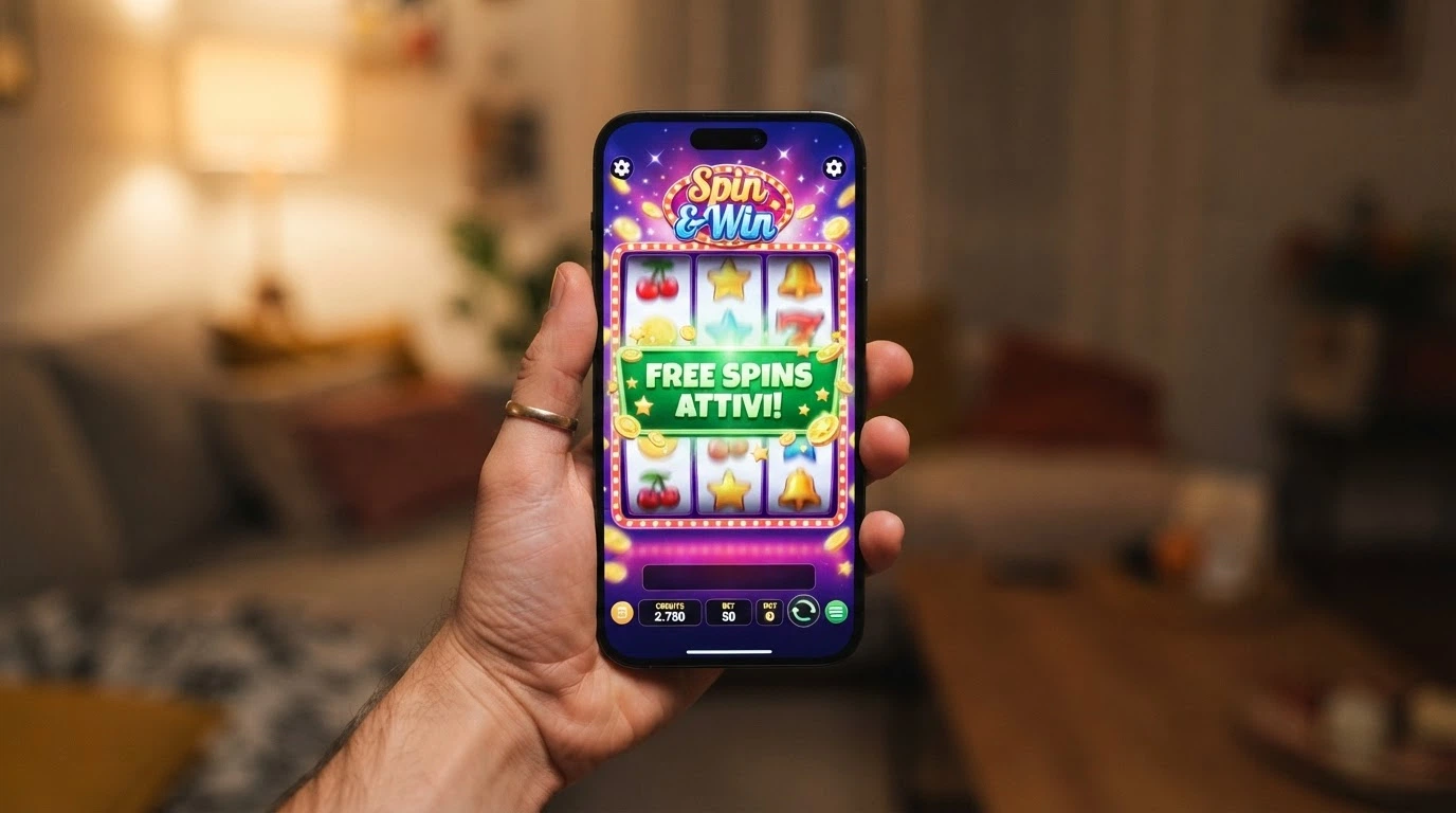 Una mano che tiene uno smartphone in verticale, sullo schermo una slot con la notifica «Free Spins Attivi!» in overlay