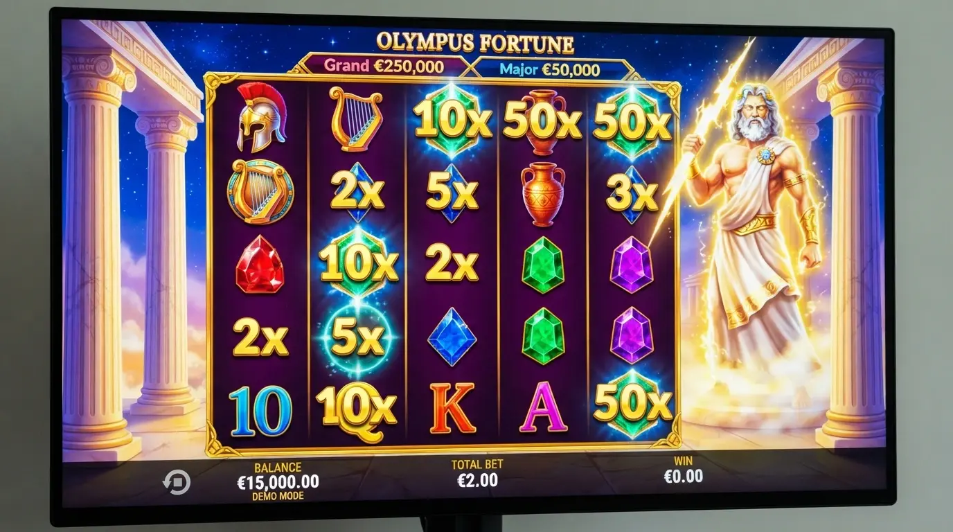 L'interfaccia della slot Gates of Olympus in modalità demo con i moltiplicatori casuali attivi e crediti virtuali visibili