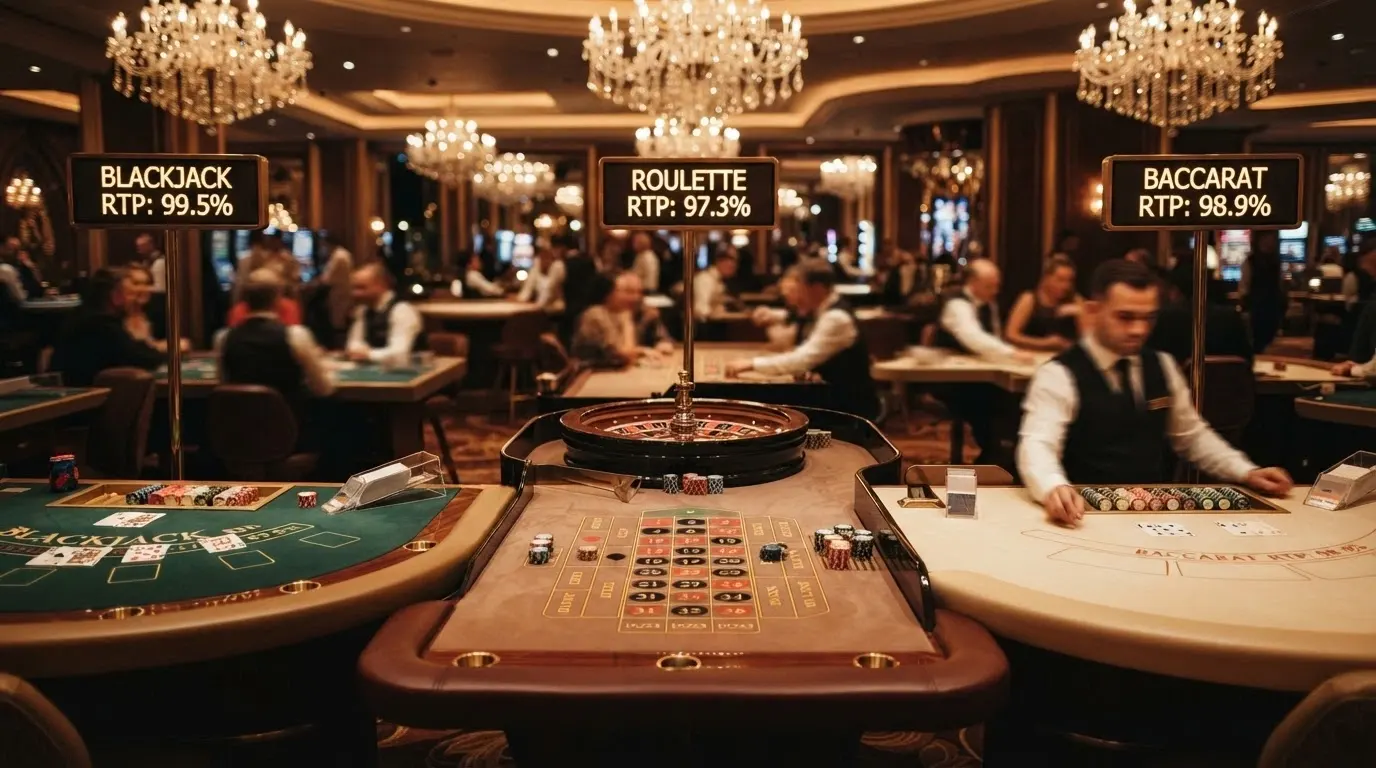 tre tavoli da casinò affiancati — blackjack, roulette francese e baccarat — ciascuno con il proprio RTP medio indicato in sovraimpressione