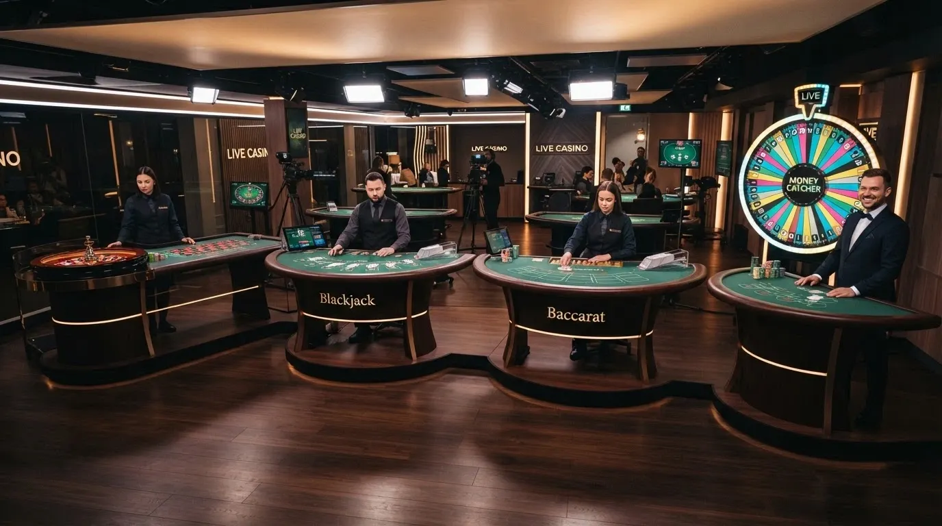 Una sala da casinò con quattro tavoli live attivi: roulette, blackjack, baccarat e una ruota da game show, ciascuno con il proprio croupier