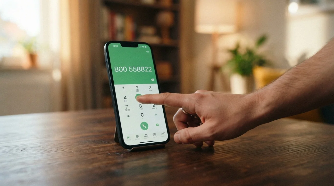 Una mano che compone un numero su un telefono, con il numero 800 558822 in evidenza