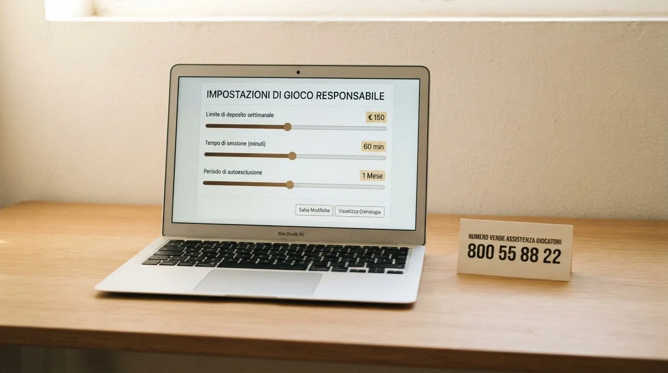 Un'interfaccia di impostazione limiti di deposito su un casinò ADM, con cursori per deposito settimanale, tempo di sessione e autoesclusione, affiancata dal numero verde TVNGA in evidenza