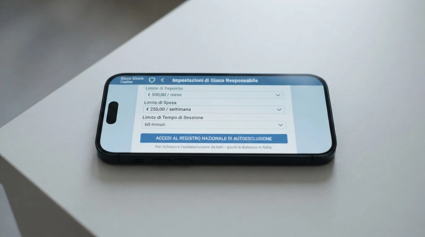 Schermata dell'area conto di un casinò su iPhone con i campi per impostare limiti di deposito, spesa e tempo di gioco, e il pulsante di accesso al RUA