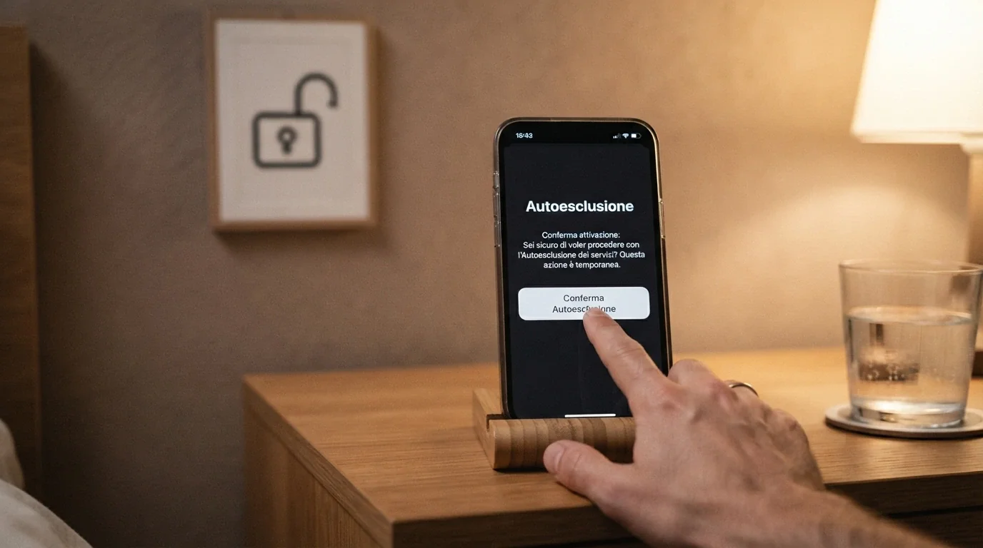 Una mano che preme il tasto «autoesclusione» su uno schermo, con il logo RUA in trasparenza sullo sfondo e un lucchetto aperto accanto