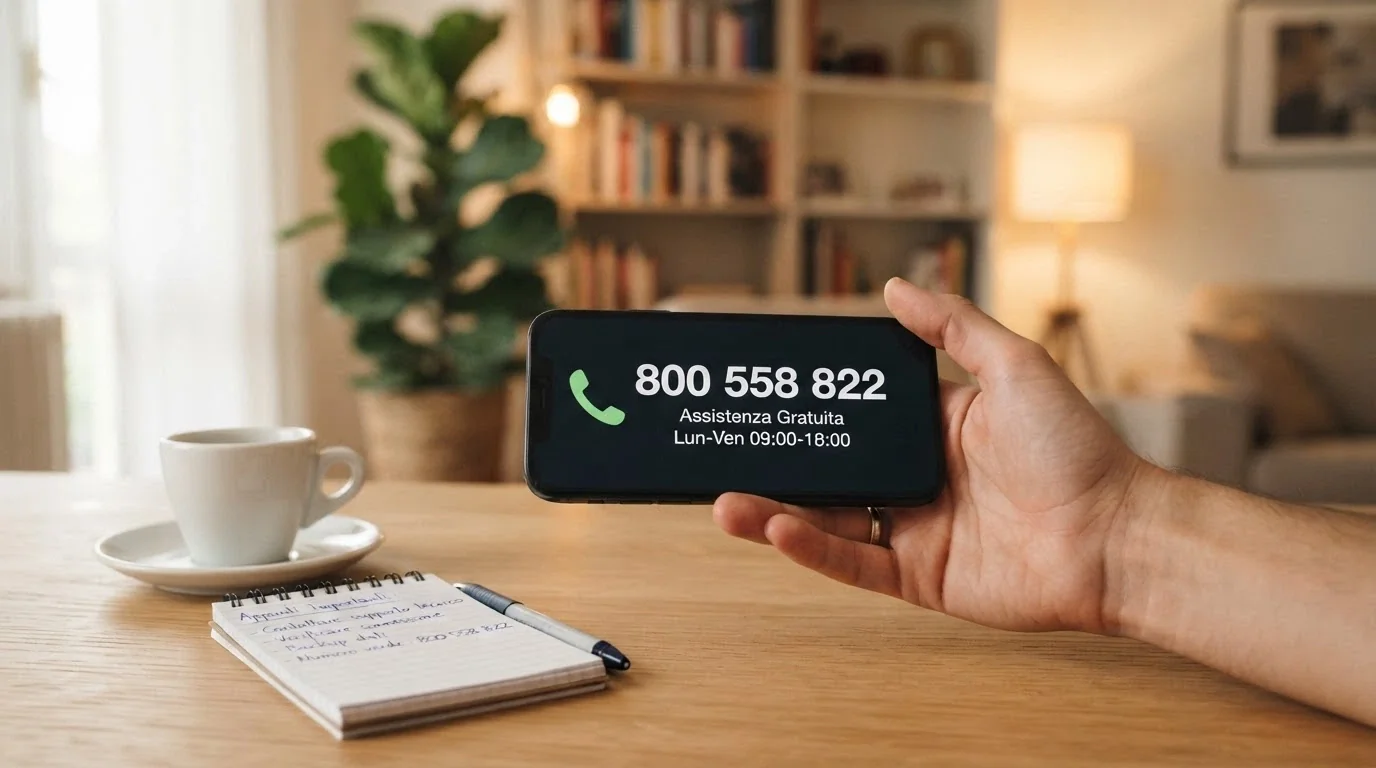 Una mano che digita su un telefono accanto a una tazza di caffè, con il numero verde 800 558 822 visibile su un block-notes