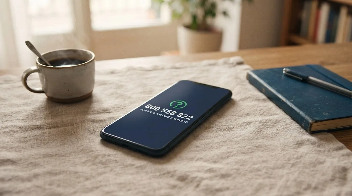 Un telefono con il display che mostra un numero verde per l'aiuto contro il gioco problematico su sfondo sfocato