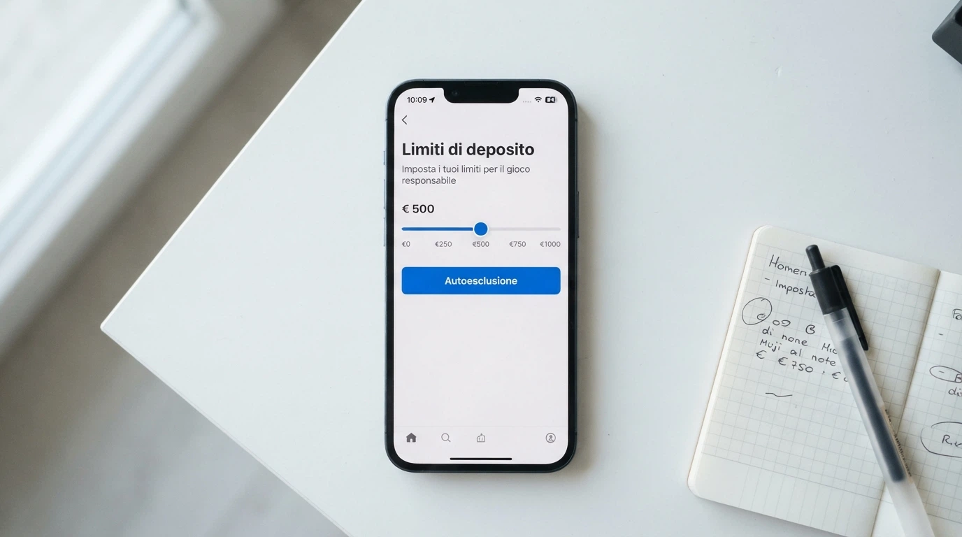 Un'interfaccia con slider per limiti di deposito e un pulsante «Autoesclusione RUA», colori calmi su sfondo bianco